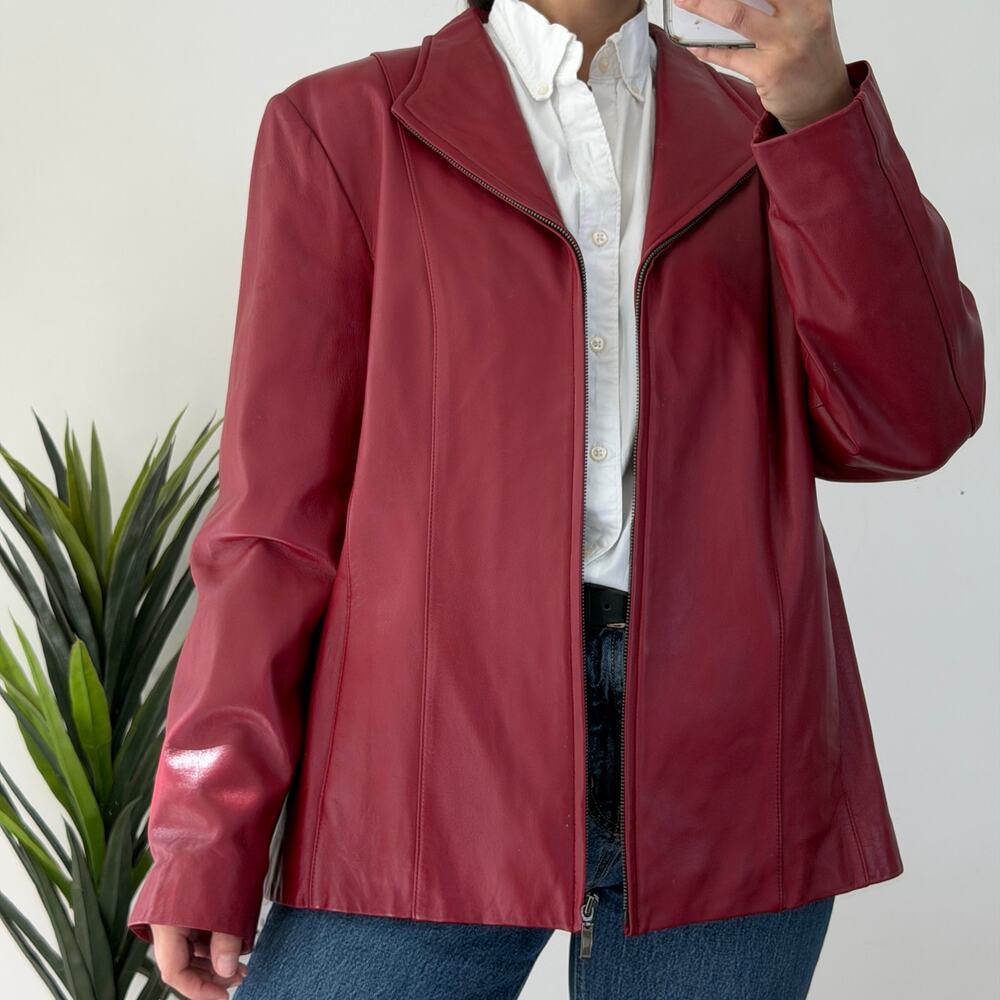 Vintage Lamb Leather Jacket Womens XL Red Lambskin Biker Moto Zip Front 90s Glam